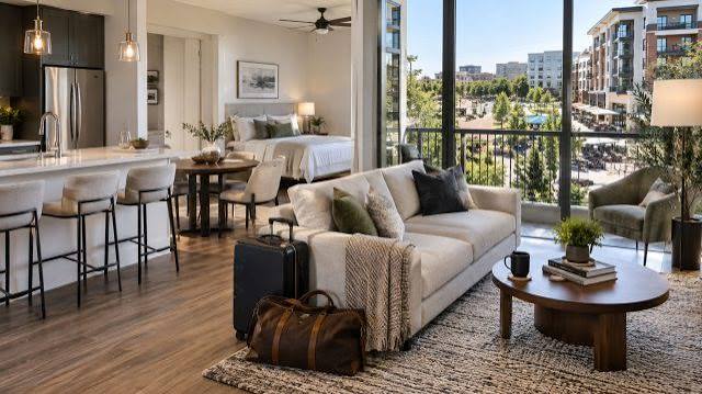 Furnished home with a balcony overlooking landscaped residences